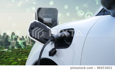 Progressive green city ESG symbol background with electric vehicle. 96853601