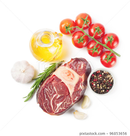 meat steak and cooking ingredients isolated on whtie background. 96853656