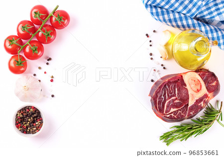 meat steak and cooking ingredients isolated on whtie background. meat steak and cooking ingredients isolated on whtie background. 96853661
