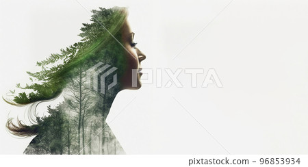 Concept of environment caring devotion shown by woman and forest double exposure Concept of environment caring devotion shown by woman and forest double exposure 96853934