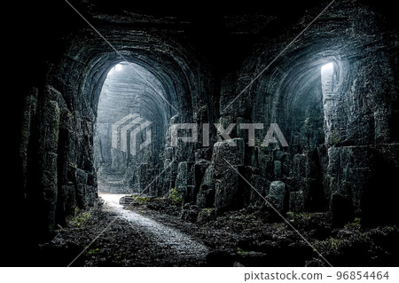 Dark dungeon catacomb underground tunnel spectacular halloween 3D illustration Dark dungeon catacomb underground tunnel spectacular halloween 3D illustration 96854464