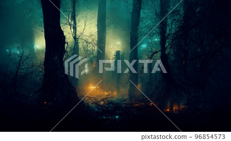 Dark scary forest cursed by witch spell spectacular 3D illustration 96854573