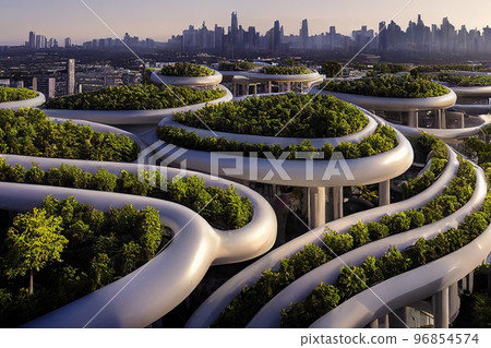 AI generated city covered with green trees and plant. Digital art AI generated image 96854574