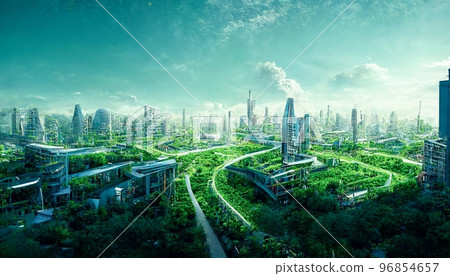 Spectacular city covered with green trees and plant. Digital art 3D illustration 96854657