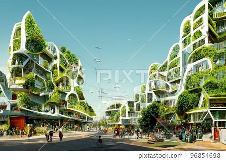 Spectacular city covered with green trees and plant. Digital art 3D illustration 96854698