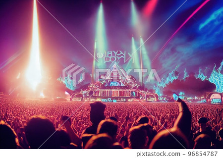 Crowd of people in music festival at spectacular night concert Crowd of people in music festival at spectacular night concert 96854787
