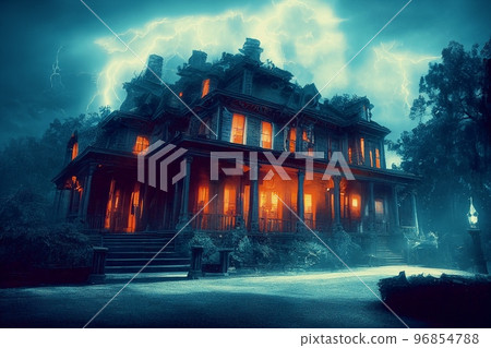 Abandoned ghost house scary night spectacular 3D illustration digital painting Abandoned ghost house scary night spectacular 3D illustration digital painting 96854788