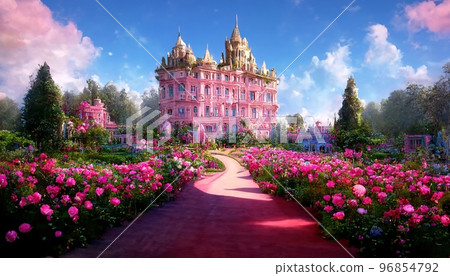 Spectacular fantasy palace with garden of flower. Digital art 3D illustration. Spectacular fantasy palace with garden of flower. Digital art 3D illustration. 96854792