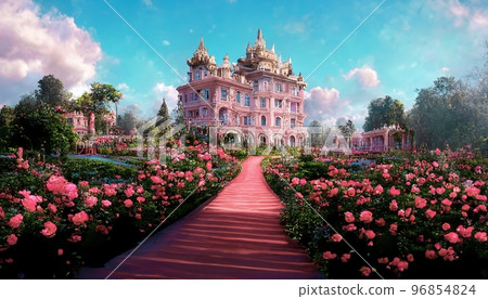 Spectacular fantasy palace with garden of... - Stock Illustration ...