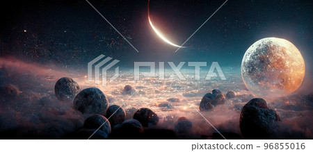 Spectacular digital art 3D illustration iridescent nebula background. 96855016