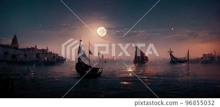 Spectacular fantasy coast town with sailing ship. Digital art 3D illustration. Spectacular fantasy coast town with sailing ship. Digital art 3D illustration. 96855032