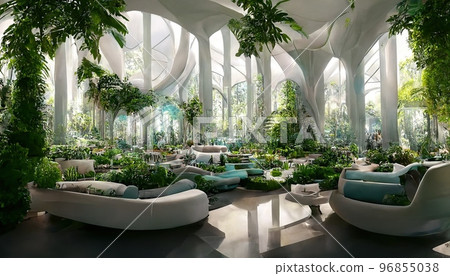 Futuristic indoor botanical garden spectacular design 3D illustration Futuristic indoor botanical garden spectacular design 3D illustration 96855038