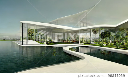 Luxury pool villa spectacular contemporary design 3D illustration digital art 96855039