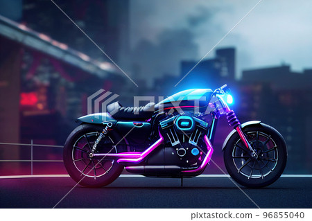 Spectacular digital art 3D illustration of a cyberpunk rider on a future bike. Spectacular digital art 3D illustration of a cyberpunk rider on a future bike. 96855040