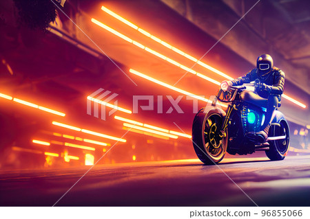 Spectacular digital art 3D illustration of a cyberpunk rider on a future bike. 96855066