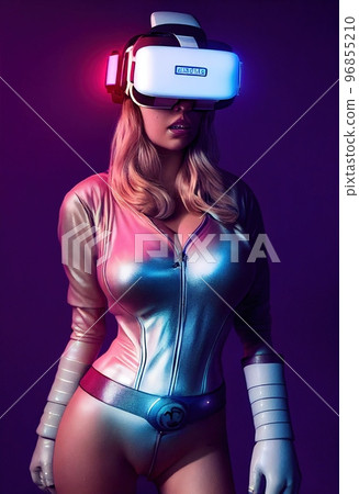 Spectacular digital art 3D illustration cybergirl in bodysuit and VR headset. Spectacular digital art 3D illustration cybergirl in bodysuit and VR headset. 96855210