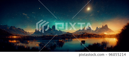 Spectacular digital art 3D illustration of panoramic mountain in starry night. Spectacular digital art 3D illustration of panoramic mountain in starry night. 96855214