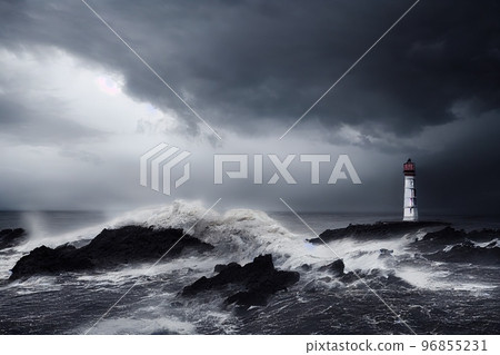 Spectacular lighthouse with large storm on seashore. Digital art 3D illustration 96855231