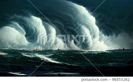 Spectacular digital art 3D illustration stormy seascape with massive tidal wave Spectacular digital art 3D illustration stormy seascape with massive tidal wave 96855262