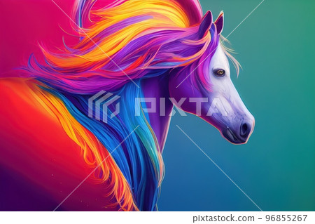 Spectacular modern abstract art of a rainbow horse. Digital art 3D illustration. 96855267