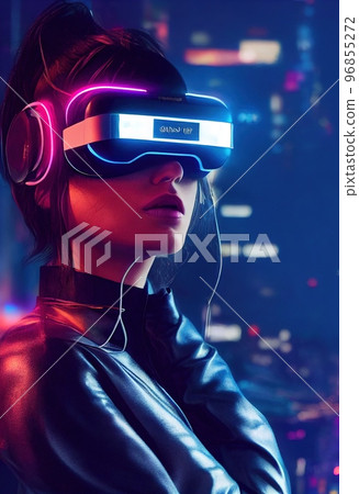 Spectacular digital art 3D illustration cybergirl in bodysuit and VR headset. 96855272