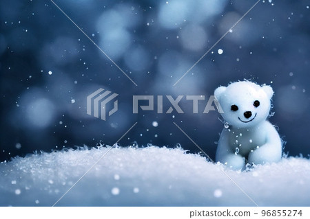 Spectacular felted wool cub toy walking in snow digital art 3D illustration. Spectacular felted wool cub toy walking in snow digital art 3D illustration. 96855274