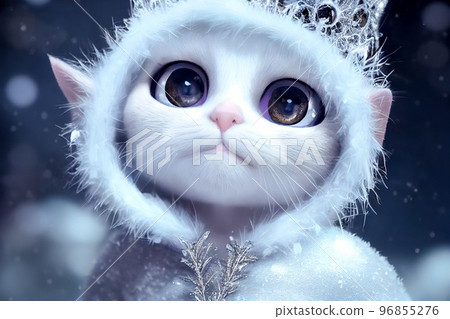 Cut ice queen cat animation character in spectacular snow field 3D illustration 96855276