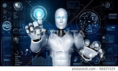 AI hominoid robot touching virtual hologram screen showing concept of big data 96855324