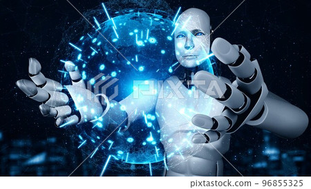 AI hominoid robot holding hologram screen shows concept of global communication 96855325