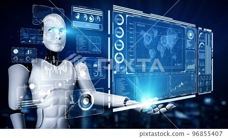 AI hominoid robot holding virtual hologram screen showing concept of big data 96855407