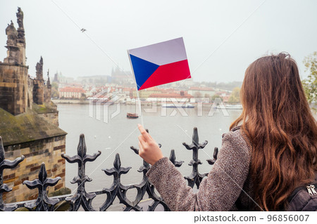 sweet woman wawing with Chezh flag in 96856007