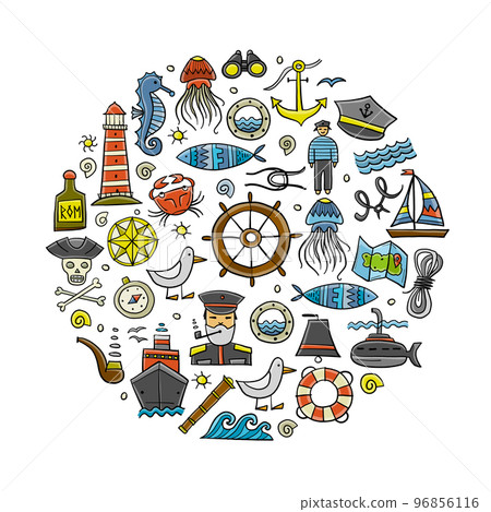 Nautical icons of navigator, ship and captain, lighthouse and sailor. Art background. Outline style for your design 96856116