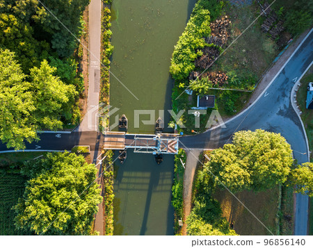 Top view aerial with drone of a Draw Bridge over the canal Dessel-Schoten in Rijkevorsel, Antwerp 96856140