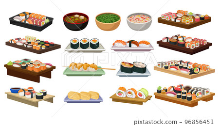 Different Sushi and Maki Served on Board with Soy Sauce and Bowl with Noodles Big Vector Set 96856451