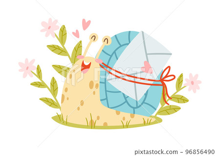 Cute Snail Character with Coiled Shell Carrying Letter Envelope on Its Back Crawling on the Grass Vector Illustration Cute Snail Character with Coiled Shell Carrying Letter Envelope on Its Back Crawling on the Grass Vector Illustration 96856490