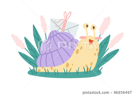 Cute Snail Character with Coiled Shell Carrying Letter Envelope on Its Back Crawling on the Grass Vector Illustration 96856497