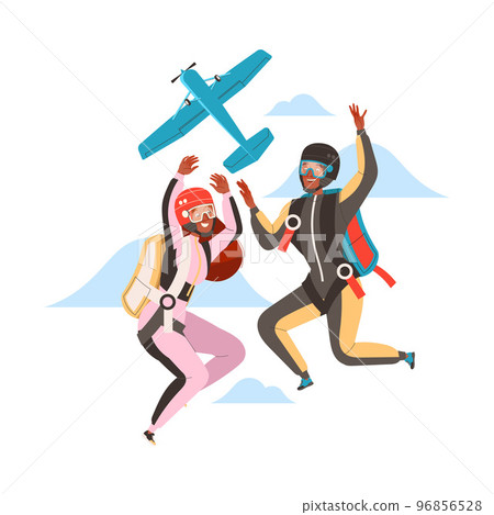 Man and Woman Characters Skydiving Falling Down with Parachute in Tandem Vector Illustration 96856528