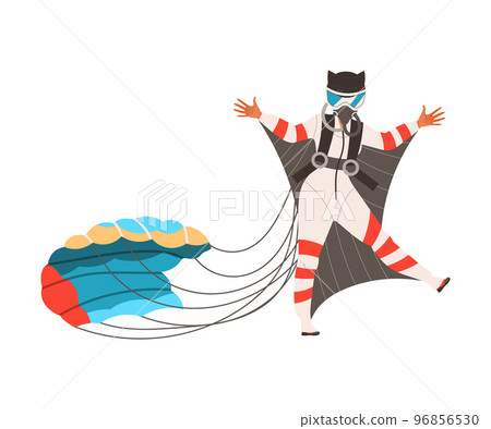 Woman Character in Wingsuit and Helmet Skydiving with Parachute Vector Illustration 96856530