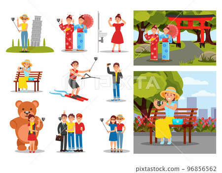 People Characters Taking Selfie on Smartphone with Stick Scene Big Vector Set 96856562
