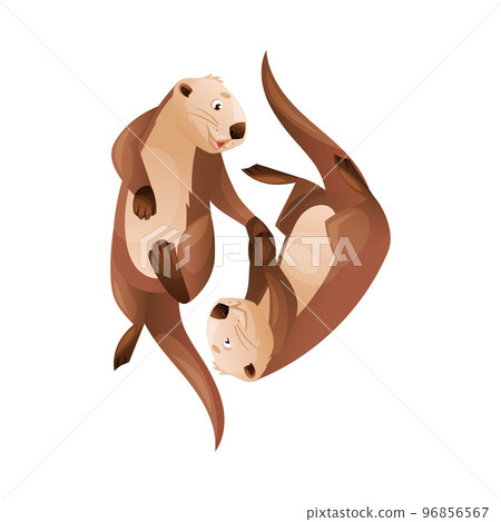 Pair of Sea Otter as Marine Mammal and Aquatic Creature with Brown Coat and Long Tail Swimming Together Vector Illustration 96856567
