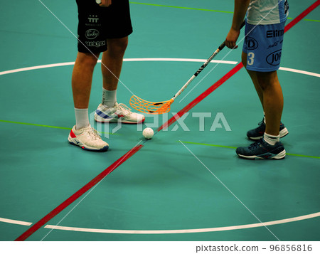Players wait for referee and start of match. Bullies of floorball match Players wait for referee and start of match. Bullies of floorball match 96856816