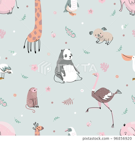 Cartoon flat jungle animal print. Animals wild africa safari, zoo characters childish seamless pattern. Nowaday textile with panda and giraffe vector design 96856920