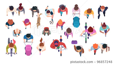 Walking characters. Top view persons walking in different action poses exact vector illustrations 96857248