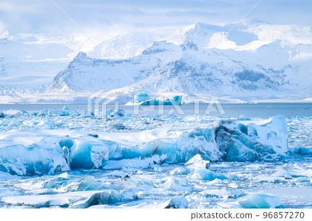 Iceland. Ice as a background. Vatnajokull National Park. Panoramic view of the ice lagoon. 96857270