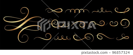 Royal golden vintage swashes. Filigree hand drawn swirls, flourish luxury gold calligraphy design. Invitation, postcards and personal signature vector lettering elements 96857324