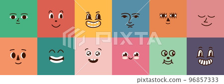 Cute cartoon faces vector mascot. Retro emotional face, diverse square emotions design. Positive trendy characters, abstract funny elements Cute cartoon faces vector mascot. Retro emotional face, diverse square emotions design. Positive trendy characters, abstract funny elements 96857333