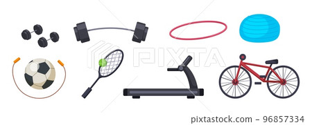 Cartoon sport tools. Bicycle, run simulator, dumbbell barbell and football ball. Isolated training accessories, vector workout elements Cartoon sport tools. Bicycle, run simulator, dumbbell barbell and football ball. Isolated training accessories, vector workout elements 96857334