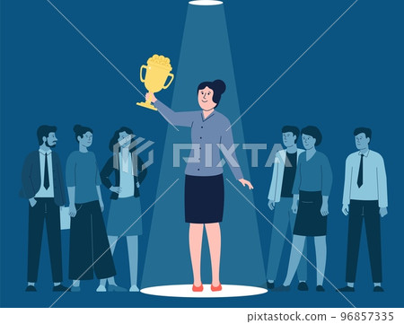 Business woman hold winner golden cup with money. Unique talent person, leader and team. Lady standing in spotlight, vector career concept Business woman hold winner golden cup with money. Unique talent person, leader and team. Lady standing in spotlight, vector career concept 96857335