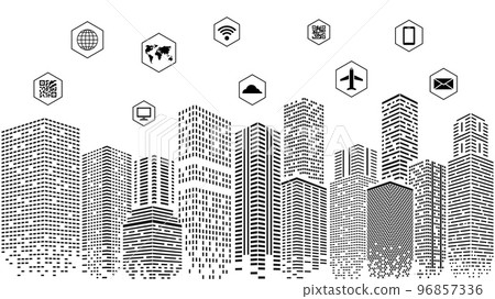 Black and white smart city concept. Dots buildings, abstract architecture urban landscape. Vector future town with communication and connection icons Black and white smart city concept. Dots buildings, abstract architecture urban landscape. Vector future town with communication and connection icons 96857336