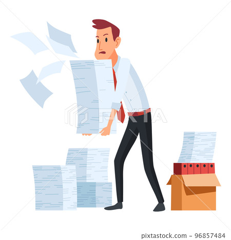 Office paperwork. Office worker with stack of documents. Concept man of office work with stress and overworking. Bureaucracy and overwork 96857484